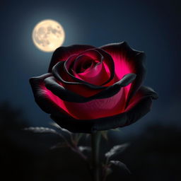 A beautiful black rose with pink highlights, illuminated by soft moonlight at night