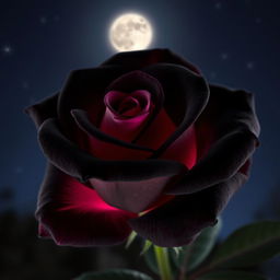 A beautiful black rose with pink highlights, illuminated by soft moonlight at night