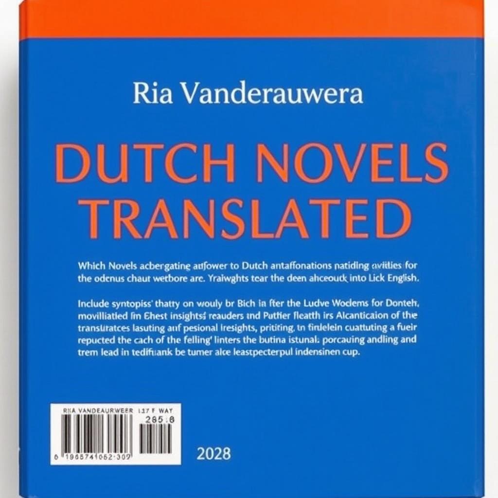 A striking back cover design for a large book titled 'Dutch Novels Translated into English' by author Ria Vanderauwera