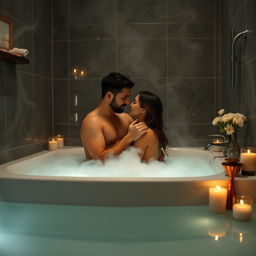 A sensual scene of intimacy between two adults in a beautifully designed modern bathroom, featuring steam rising from a warm bath