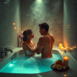 A sensual scene of intimacy between two adults in a beautifully designed modern bathroom, featuring steam rising from a warm bath