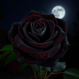 A stunning black rose with copper highlights in a nighttime setting