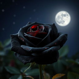 A stunning black rose with copper highlights in a nighttime setting