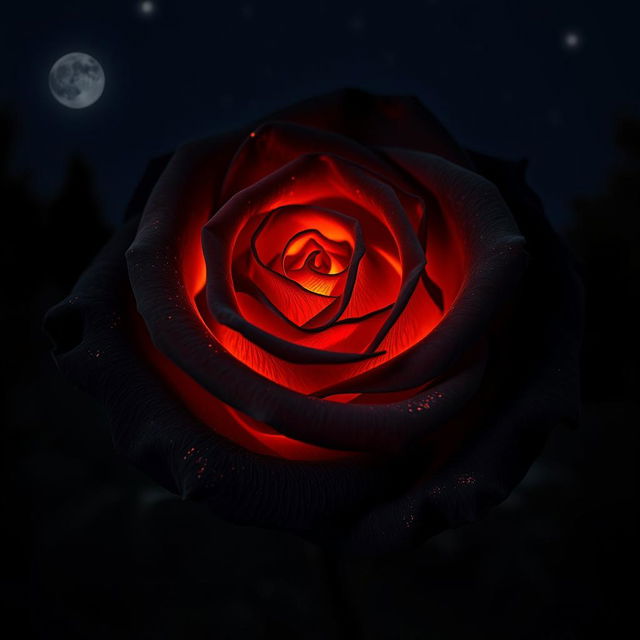 A stunning black rose with copper highlights in a nighttime setting