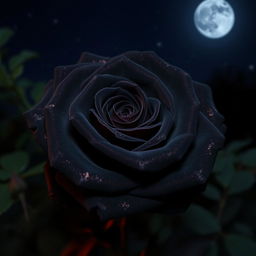 A stunning black rose with copper highlights in a nighttime setting