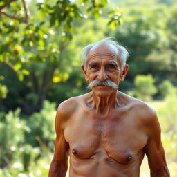 An elderly man with a prominent mustache, standing proudly in a natural setting
