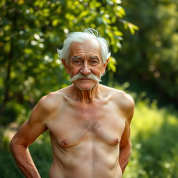 An elderly man with a prominent mustache, standing proudly in a natural setting