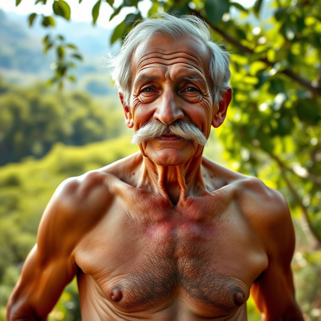 An elderly man with a prominent mustache, standing proudly in a natural setting