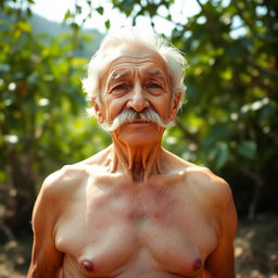 An elderly man with a prominent mustache, standing proudly in a natural setting