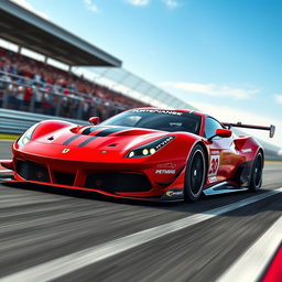 A high-performance GT endurance race car inspired by the Ferrari FF, featuring a sleek aerodynamic design, vibrant red body with black racing stripes, aggressive front splitter, large rear wing for downforce, positioned on a racetrack with dynamic motion blur to depict speed