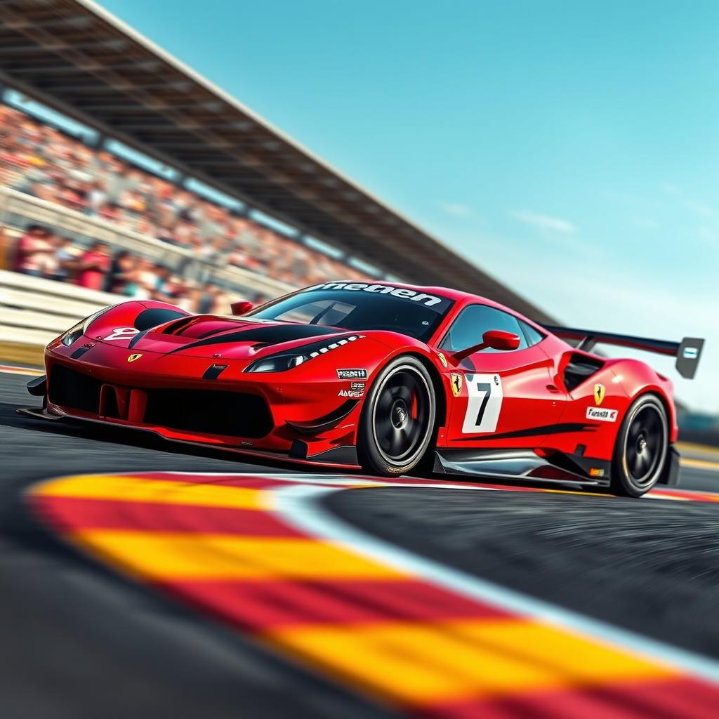 A high-performance GT endurance race car inspired by the Ferrari FF, featuring a sleek aerodynamic design, vibrant red body with black racing stripes, aggressive front splitter, large rear wing for downforce, positioned on a racetrack with dynamic motion blur to depict speed