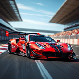 A high-performance GT endurance race car inspired by the Ferrari FF, featuring a sleek aerodynamic design, vibrant red body with black racing stripes, aggressive front splitter, large rear wing for downforce, positioned on a racetrack with dynamic motion blur to depict speed