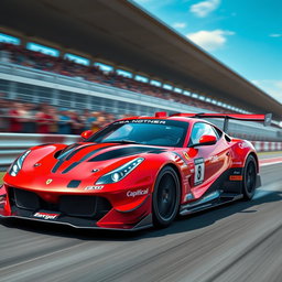 A high-performance GT endurance race car inspired by the Ferrari FF, featuring a sleek aerodynamic design, vibrant red body with black racing stripes, aggressive front splitter, large rear wing for downforce, positioned on a racetrack with dynamic motion blur to depict speed