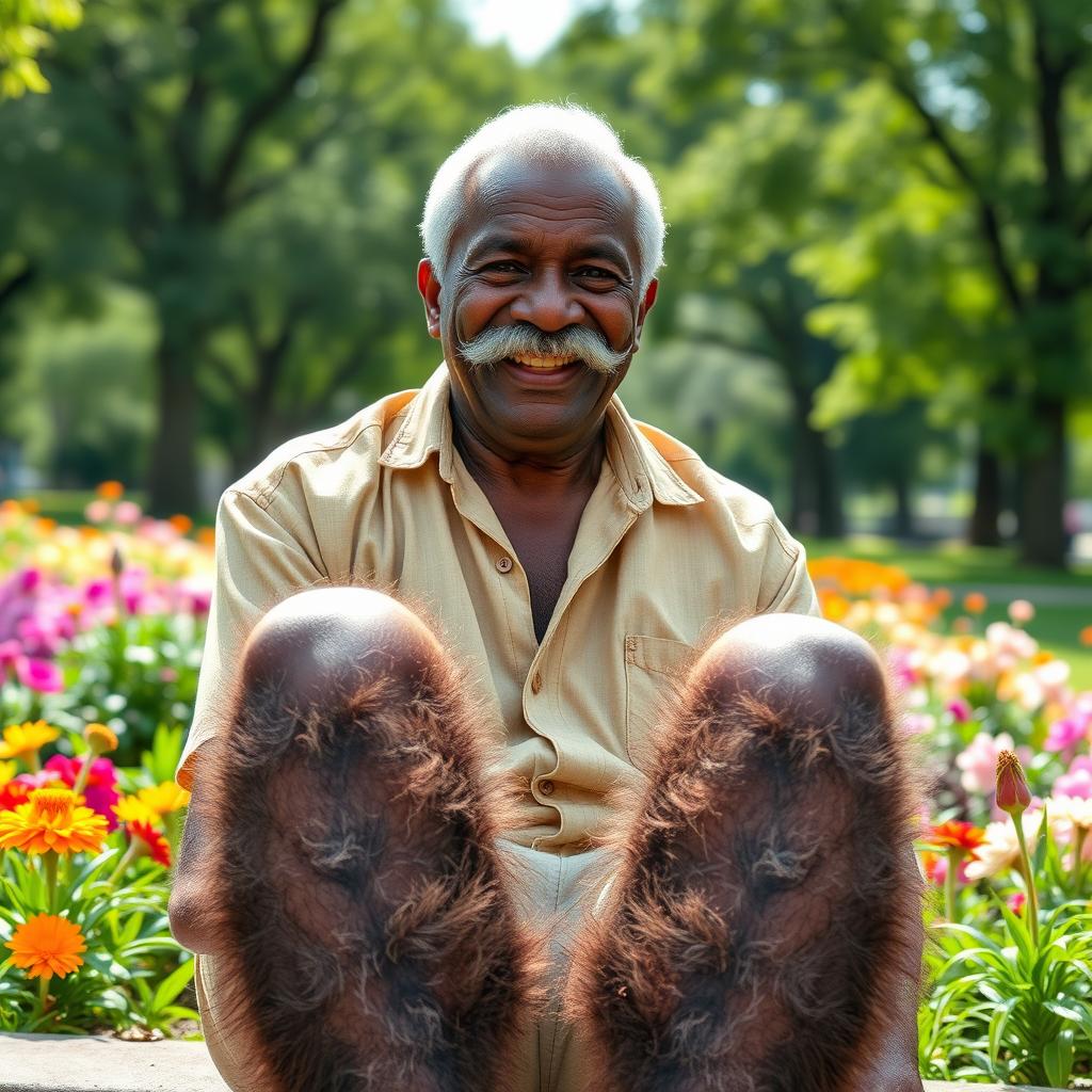 An elderly black man with a prominent mustache, showcasing his bushy hairy legs