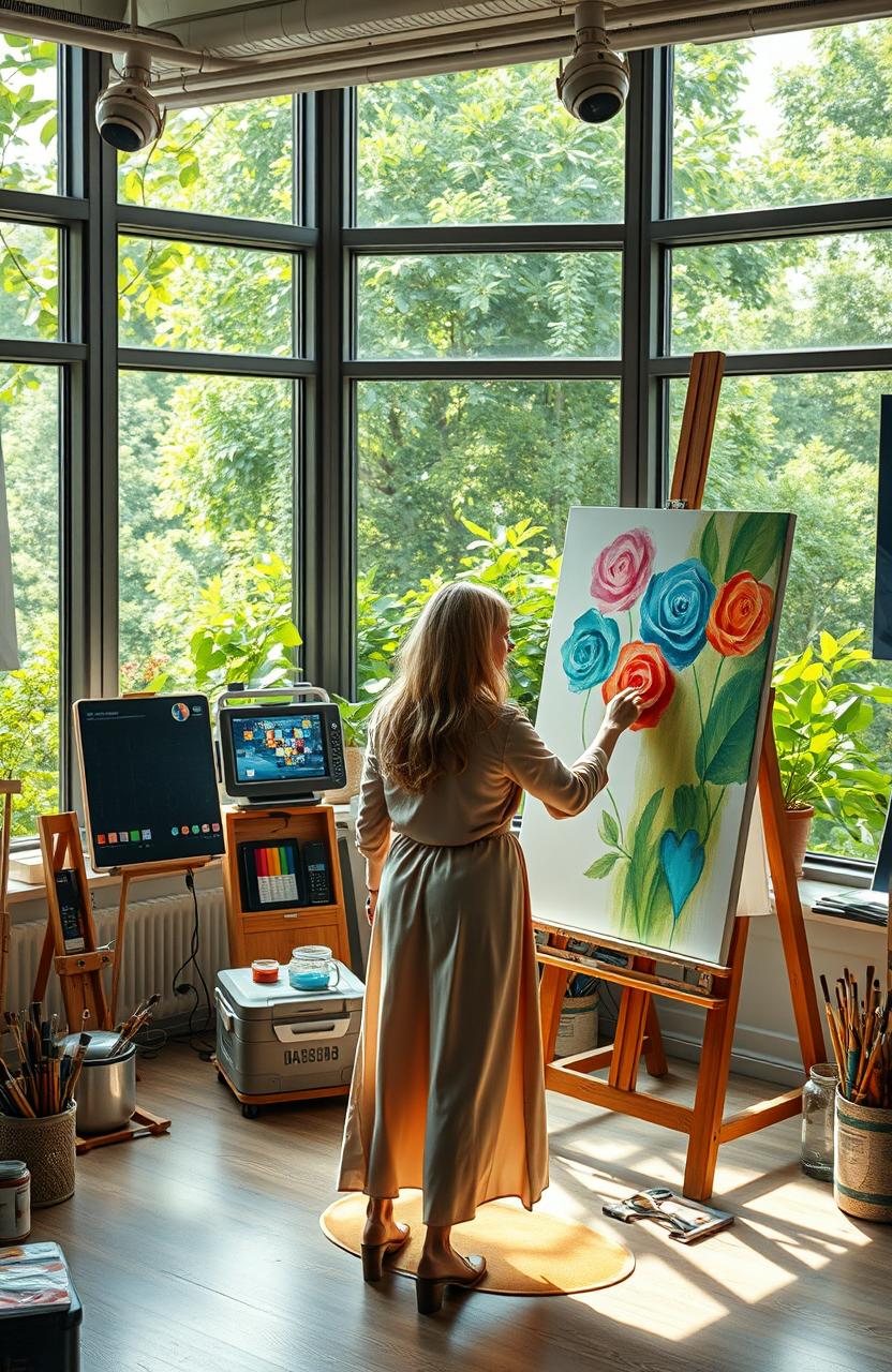 A futuristic art studio showcasing the fusion of traditional and digital art