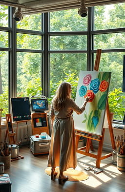 A futuristic art studio showcasing the fusion of traditional and digital art