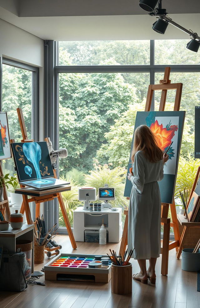 A futuristic art studio showcasing the fusion of traditional and digital art