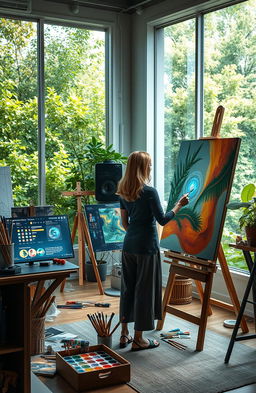 A futuristic art studio showcasing the fusion of traditional and digital art