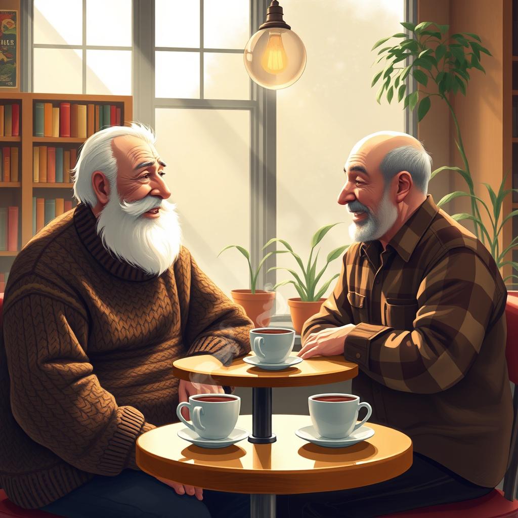 An artistic representation of two elderly men enjoying a friendly conversation in a cozy, warmly lit coffee shop