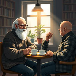 An artistic representation of two elderly men enjoying a friendly conversation in a cozy, warmly lit coffee shop