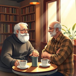 An artistic representation of two elderly men enjoying a friendly conversation in a cozy, warmly lit coffee shop