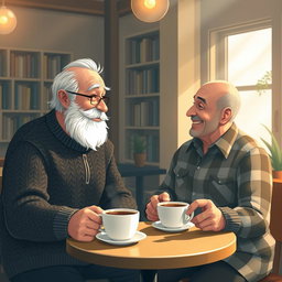 An artistic representation of two elderly men enjoying a friendly conversation in a cozy, warmly lit coffee shop