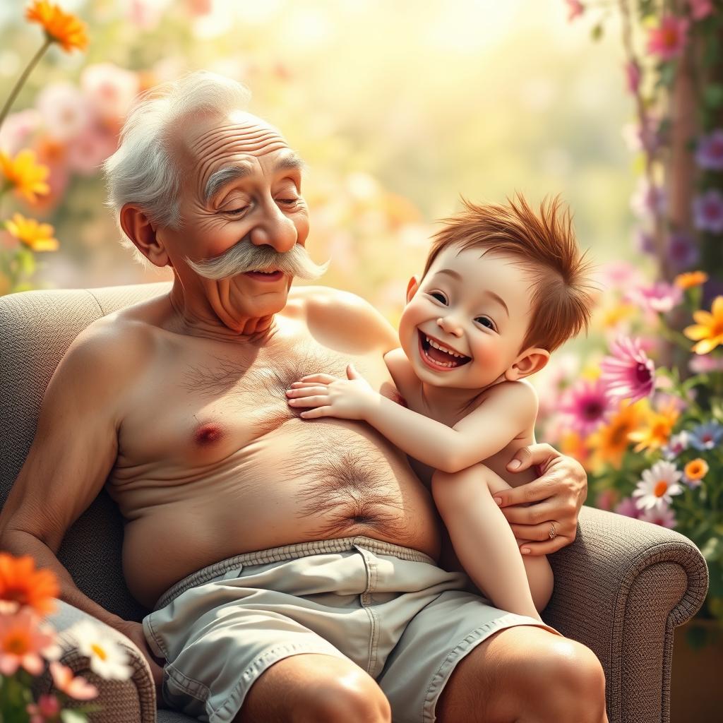 A whimsical and imaginative scene featuring an elderly man with a thick mustache, playfully interacting with a cheerful young boy