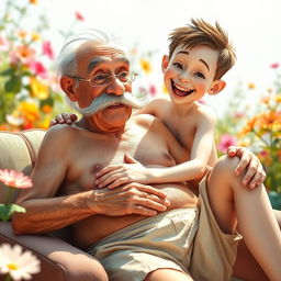 A whimsical and imaginative scene featuring an elderly man with a thick mustache, playfully interacting with a cheerful young boy