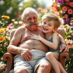 A whimsical and imaginative scene featuring an elderly man with a thick mustache, playfully interacting with a cheerful young boy