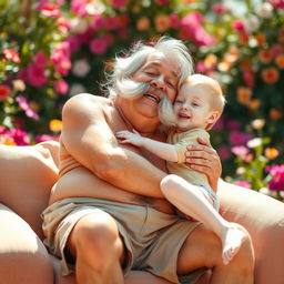 A whimsical and imaginative scene featuring an elderly man with a thick mustache, playfully interacting with a cheerful young boy