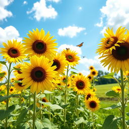 A vibrant sunflower garden in full bloom, showcasing tall sunflowers with bright yellow petals and dark brown centers