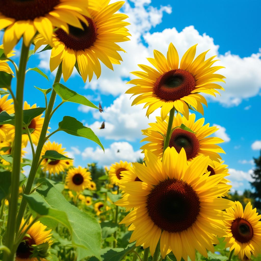 A vibrant sunflower garden in full bloom, showcasing tall sunflowers with bright yellow petals and dark brown centers