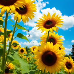 A vibrant sunflower garden in full bloom, showcasing tall sunflowers with bright yellow petals and dark brown centers