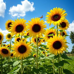 A vibrant sunflower garden in full bloom, showcasing tall sunflowers with bright yellow petals and dark brown centers