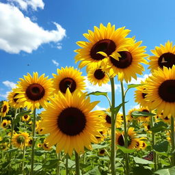 A vibrant sunflower garden in full bloom, showcasing tall sunflowers with bright yellow petals and dark brown centers