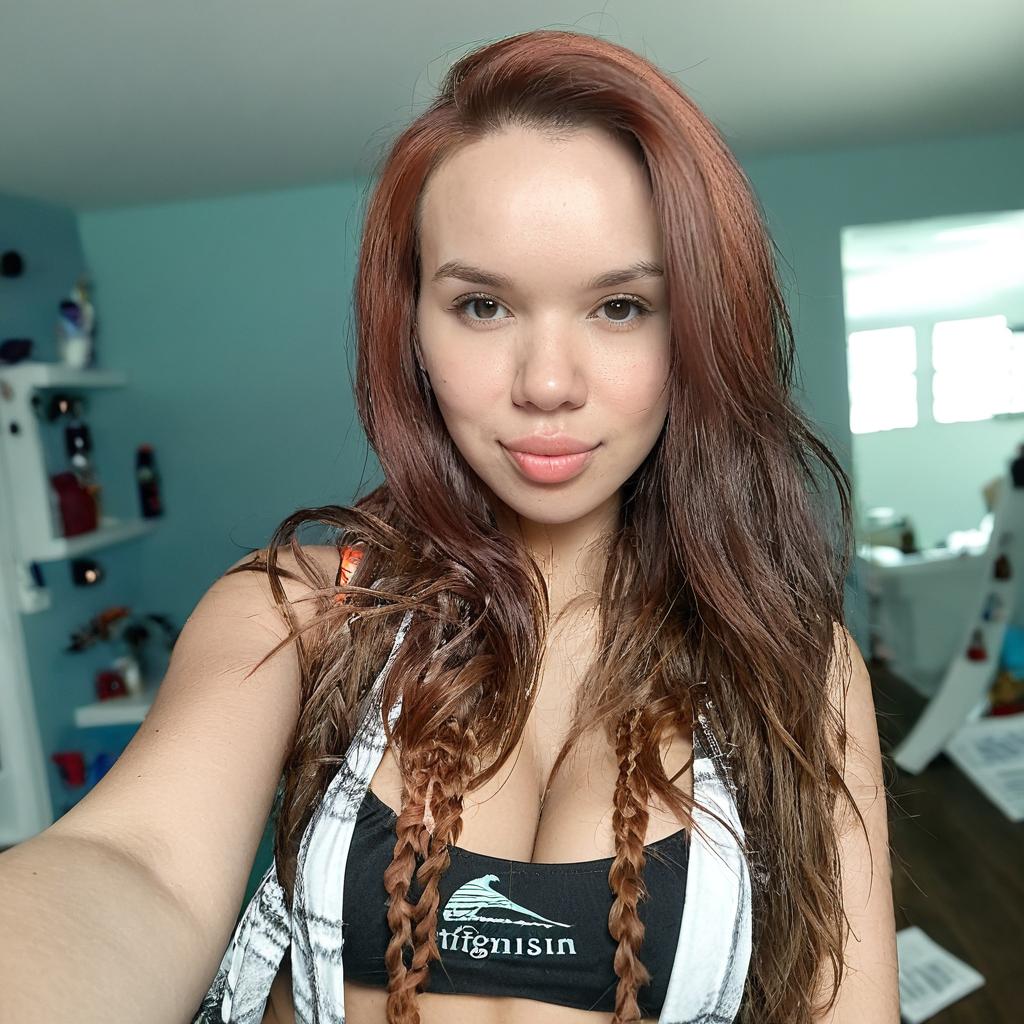  Confident Young Woman Selfie in Vibrant Blue Room
