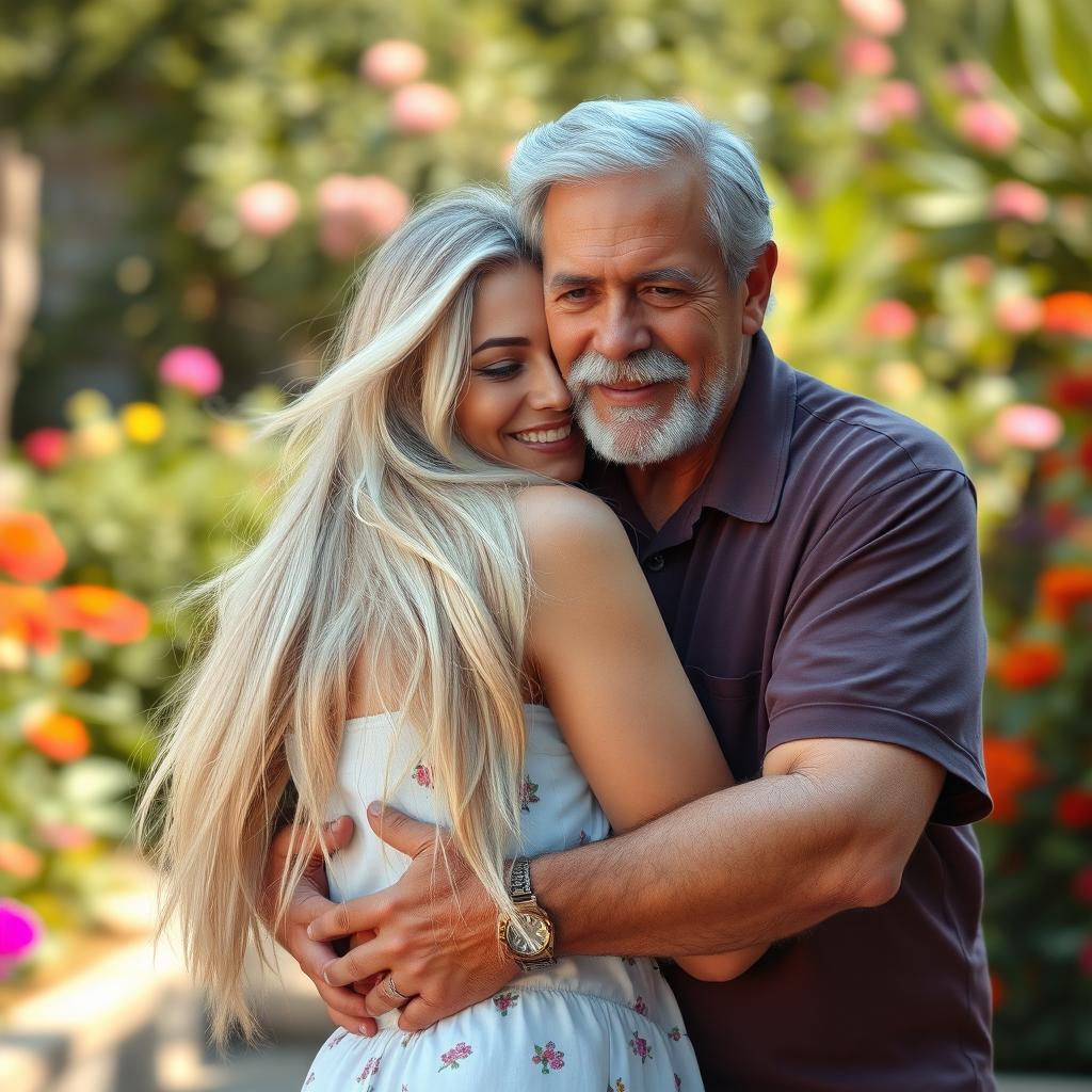A young white woman with long flowing hair is being embraced by an older man with a thick mustache and a tanned complexion