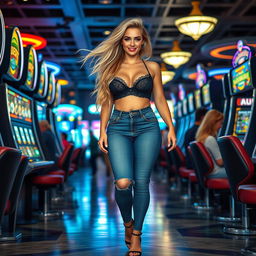 Full length photograph of a captivating and curvy 18-year-old woman with very thick, long, messy dirty blond hair flowing elegantly