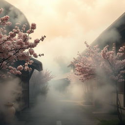 A serene and picturesque village enveloped in a soft smoky atmosphere, with delicate peach flower trees in full bloom lining the streets