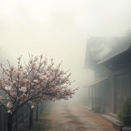 A serene and picturesque village enveloped in a soft smoky atmosphere, with delicate peach flower trees in full bloom lining the streets