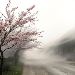 A serene and picturesque village enveloped in a soft smoky atmosphere, with delicate peach flower trees in full bloom lining the streets