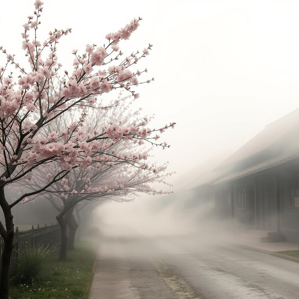 A serene and picturesque village enveloped in a soft smoky atmosphere, with delicate peach flower trees in full bloom lining the streets