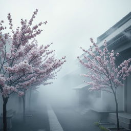 A serene and picturesque village enveloped in a soft smoky atmosphere, with delicate peach flower trees in full bloom lining the streets