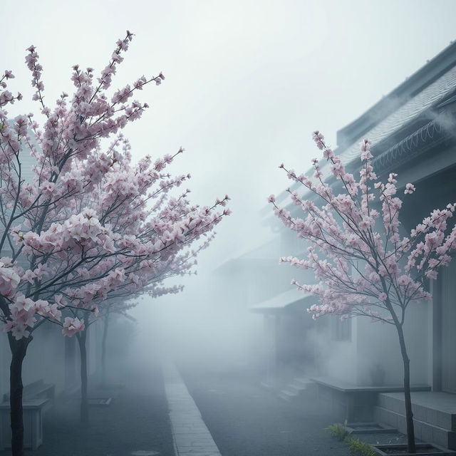 A serene and picturesque village enveloped in a soft smoky atmosphere, with delicate peach flower trees in full bloom lining the streets