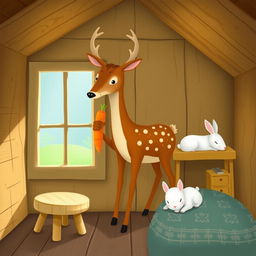 Inside a cozy wooden cabin, a brown spotted deer is standing, holding a bright orange carrot in its hoof
