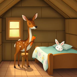 Inside a cozy wooden cabin, a brown spotted deer is standing, holding a bright orange carrot in its hoof