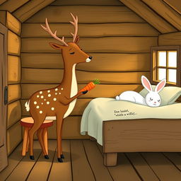 Inside a cozy wooden cabin, a brown spotted deer is standing, holding a bright orange carrot in its hoof