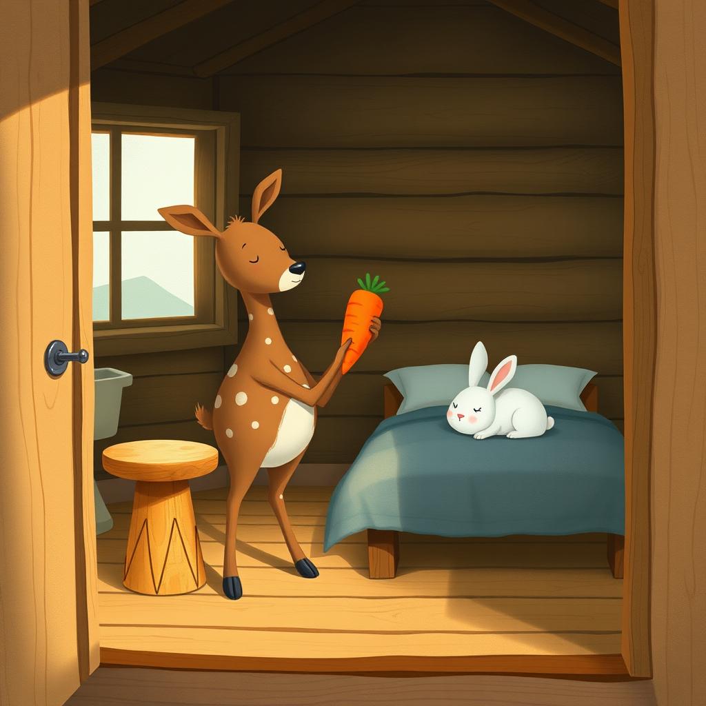 Inside a cozy wooden cabin, a brown spotted deer is standing, holding a bright orange carrot in its hoof