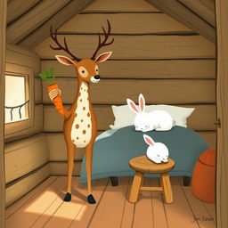 Inside a cozy wooden cabin, a brown spotted deer stands proudly, holding a bright orange carrot in its hoof