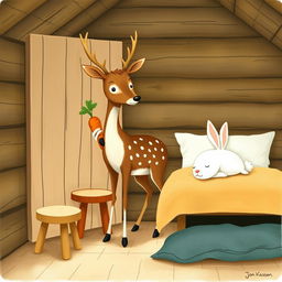 Inside a cozy wooden cabin, a brown spotted deer stands proudly, holding a bright orange carrot in its hoof